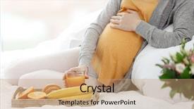  Presentation with pregnant - Colorful presentation theme enhanced with young pregnant woman having breakfast while resting on bed at home backdrop and a coral colored foreground