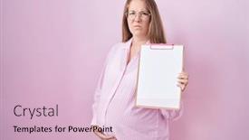  Presentation with pregnant woman - Presentation design with young-pregnant-woman-holding-clipboard background and a  colored foreground