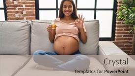  Presentation with pregnant woman - PPT theme featuring young-pregnant-woman-holding-moisturizer background and a  colored foreground