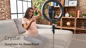  Presentation with pregnant woman - Slide deck enhanced with young-pregnant-woman-recording-vlog background and a mint green colored foreground