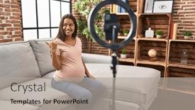  Presentation with recording - PPT theme consisting of young-pregnant-woman-recording-vlog background and a light gray colored foreground