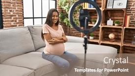  Presentation with recording - Presentation with young-pregnant-woman-recording-vlog background and a coral colored foreground