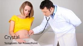  Presentation with pregnant woman doctor - Presentation theme consisting of young pregnant woman sitting on hospital bed with doctor on gray background background and a soft green colored foreground