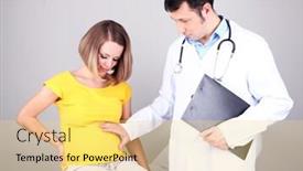  Presentation with pregnant woman doctor - PPT theme featuring young pregnant woman sitting on hospital bed with doctor on gray background background and a yellow colored foreground