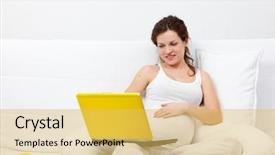  Presentation with internet surfing - Slide deck featuring young pregnant woman surfing the internet background and a yellow colored foreground
