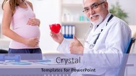  Presentation with pregnant woman doctor - Audience pleasing presentation theme consisting of young-pregnant-woman-visiting-old backdrop and a light blue colored foreground