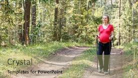  Presentation with walking trail - PPT theme enhanced with young pregnant woman walking along a trail through the forest during warm sunny summer day using hiking poles enjoying nature - healthy pregnancy lifestyle concept background and a mint green colored foreground