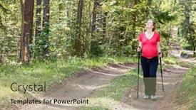  Presentation with walking trail - Slide set with young pregnant woman walking along a trail through the forest during warm sunny summer day using hiking poles enjoying nature - healthy pregnancy lifestyle concept background and a mint green colored foreground