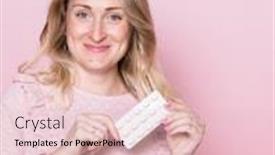  Presentation with medicine pregnant woman - Colorful presentation design enhanced with young pregnant woman wearing pink dress holding blister pack of medicine pills looking at camera smiling studio shot on pink background prenatal medication concept backdrop and a lemonade colored foreground