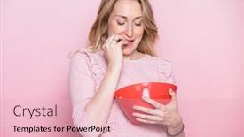  Presentation with nutrition - Presentation theme featuring young pregnant woman wearing pink dress eating snacks or sweets from big red plastic bowl studio shot on pink background nutrition during pregnancy concept background and a lemonade colored foreground