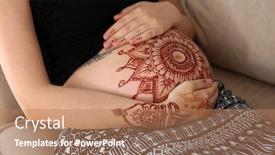  Presentation with henna tattoo - Slides having young pregnant woman with henna tattoo on belly sitting on sofa in the room background and a coral colored foreground