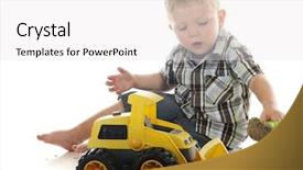  Presentation with bulldozer - Beautiful presentation featuring young preschooler playing in sand with a toy scoop and bulldozer on a white background backdrop and a white colored foreground