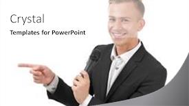  Presentation with microphone - Amazing PPT theme having young-presenter-in-party-cap backdrop and a white colored foreground