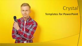  Presentation with microphone - Amazing PPT layouts having young-presenter-with-microphone backdrop and a yellow colored foreground