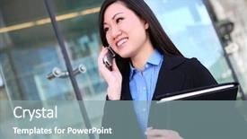  Presentation with cell - PPT layouts consisting of young pretty asian business woman at office building on cell phone background and a gray colored foreground
