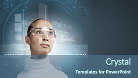  Presentation with hologram - Audience pleasing PPT theme consisting of young pretty asian woman touching digital hologram backdrop and a ocean colored foreground