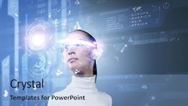  Presentation with hologram - PPT theme consisting of young pretty asian woman touching digital hologram background and a light blue colored foreground