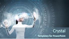  Presentation with hologram - PPT layouts having young pretty asian woman touching digital hologram background and a ocean colored foreground