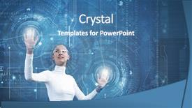  Presentation with hologram - Slide deck featuring young pretty asian woman touching digital hologram background and a teal colored foreground