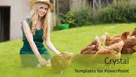  Presentation with kneeling - Slide set having young pretty blonde feeding her background and a gold colored foreground