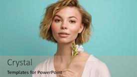  Presentation with blue flower - Presentation with young-pretty-blonde-woman-posing background and a coral colored foreground