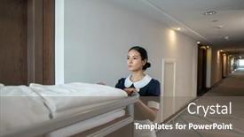  Presentation with hotel - Cool new presentation theme with young-pretty-brunette-chambermaid backdrop and a gray colored foreground