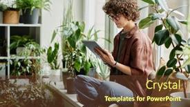  Presentation with green house - PPT layouts featuring young-pretty-brunette-woman background and a tawny brown colored foreground