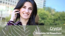  Presentation with young business woman smile show - Cool new presentation theme with young pretty business woman outside office building on phone backdrop and a violet colored foreground