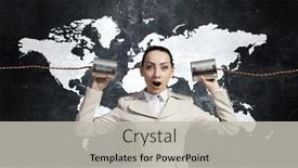  Presentation with ear - Amazing presentation theme having young pretty businesswoman attaching tin phone to ear backdrop and a light gray colored foreground