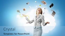  Presentation with juggling - Presentation design enhanced with young-pretty-businesswoman-juggling background and a light blue colored foreground