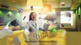  Presentation with juggling - PPT theme having young-pretty-businesswoman-juggling background and a yellow colored foreground