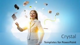  Presentation with juggling - Slides featuring young-pretty-businesswoman-juggling background and a light blue colored foreground