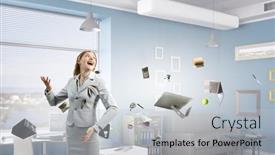  Presentation with juggling - Presentation featuring young-pretty-businesswoman-juggling background and a light gray colored foreground