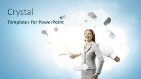  Presentation with juggling - PPT theme featuring young-pretty-businesswoman-juggling background and a  colored foreground