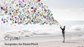  Presentation with trumpet - Amazing presentation design having young pretty businesswoman playing melody on trumpet backdrop and a light gray colored foreground