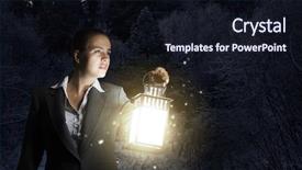  Presentation with lantern - PPT layouts with young pretty businesswoman with lantern in darkness background and a wine colored foreground