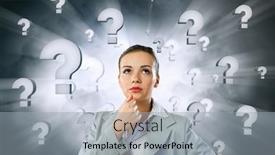  Presentation with question - Cool new slide set with young pretty businesswoman with question mark over head backdrop and a light gray colored foreground