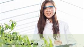  Presentation with agronomist - Presentation design having young pretty chinese woman agronomist working in green house background and a mint green colored foreground