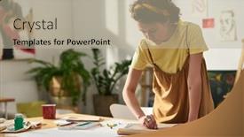  Presentation with crayons - Slide set with young-pretty-craftwoman-bending-over background and a mint green colored foreground