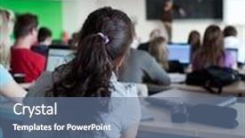  Presentation with college - Beautiful presentation theme featuring young pretty female college student sitting in a classroom full of students during class backdrop and a ocean colored foreground