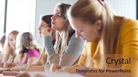  Presentation with college - Cool new slide deck with young pretty female college student backdrop and a coral colored foreground