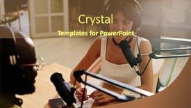  Presentation with headphones - Presentation design enhanced with young-pretty-female-host background and a tawny brown colored foreground