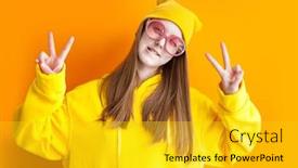  Presentation with teen girl - Slide deck featuring young-pretty-female-standing-isolated background and a gold colored foreground