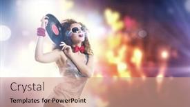  Presentation with vinyl - Presentation theme consisting of young pretty girl dj at disco party holding vinyl background and a coral colored foreground