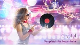  Presentation with vinyl - Theme featuring young pretty girl dj at disco party holding vinyl background and a sky blue colored foreground