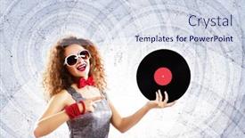  Presentation with vinyl - PPT layouts featuring young pretty girl dj at disco party holding vinyl background and a sky blue colored foreground