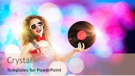  Presentation with vinyl - Slide set featuring young pretty girl dj at disco party holding vinyl background and a lemonade colored foreground