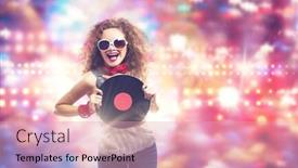  Presentation with vinyl - Beautiful theme featuring young pretty girl dj at disco party holding vinyl backdrop and a lemonade colored foreground