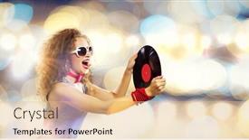  Presentation with vinyl - Audience pleasing presentation theme consisting of young pretty girl dj at disco party holding vinyl backdrop and a coral colored foreground