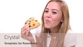  Presentation with chocolate chip cookie - Amazing presentation theme having young pretty girl eating a chocolate chip cookie dessert backdrop and a coral colored foreground